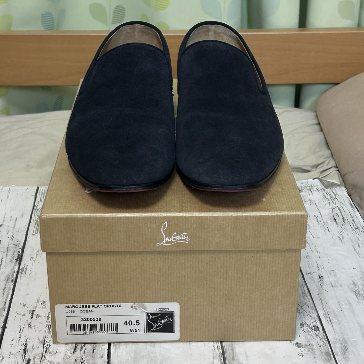 極美品 希少モデルクリスチャンルブタン スエードスリッポン スタッズヒール ネイビー 25.5cm 箱付_画像10