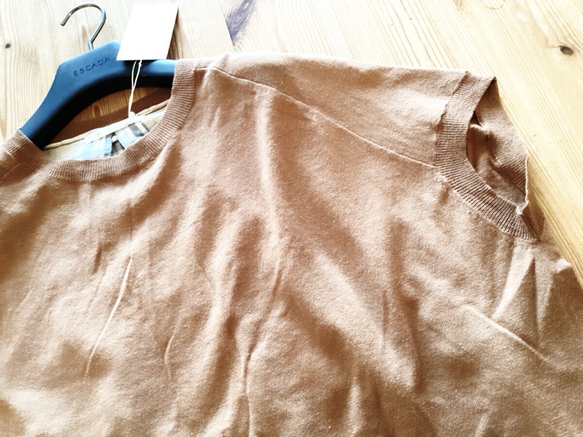 【TANG】タング 綿×麻 背中切り替え ゆったりデザイン ニットカットソー ブラウン チェック柄 定価16500円_画像7