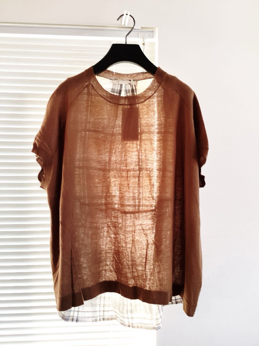 【TANG】タング 綿×麻 背中切り替え ゆったりデザイン ニットカットソー ブラウン チェック柄 定価16500円_画像1