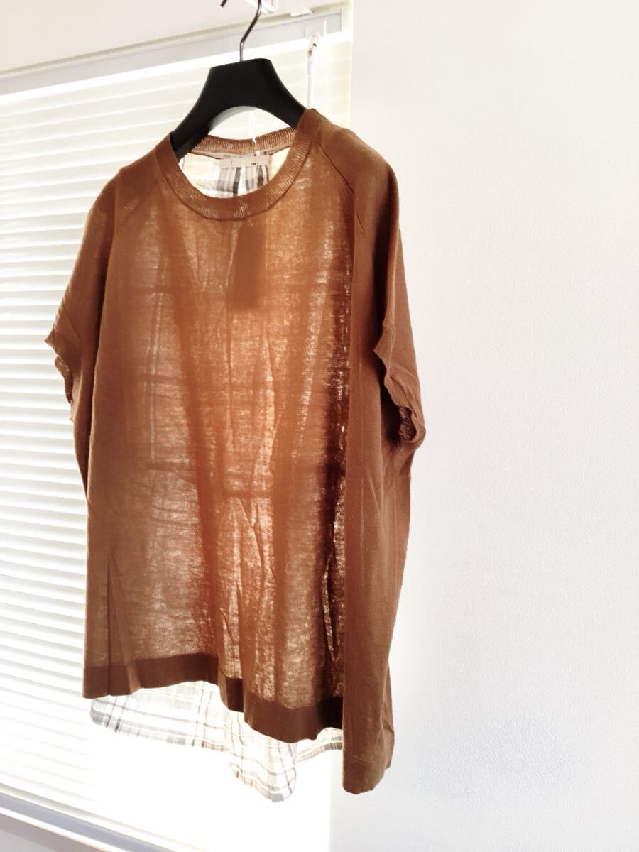 【TANG】タング 綿×麻 背中切り替え ゆったりデザイン ニットカットソー ブラウン チェック柄 定価16500円_画像2