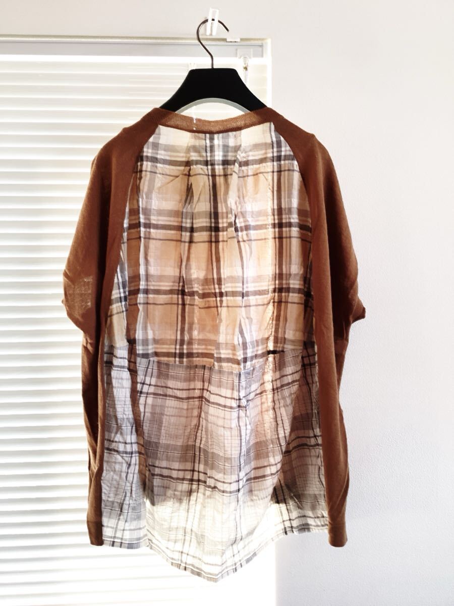 【TANG】タング 綿×麻 背中切り替え ゆったりデザイン ニットカットソー ブラウン チェック柄 定価16500円_画像3