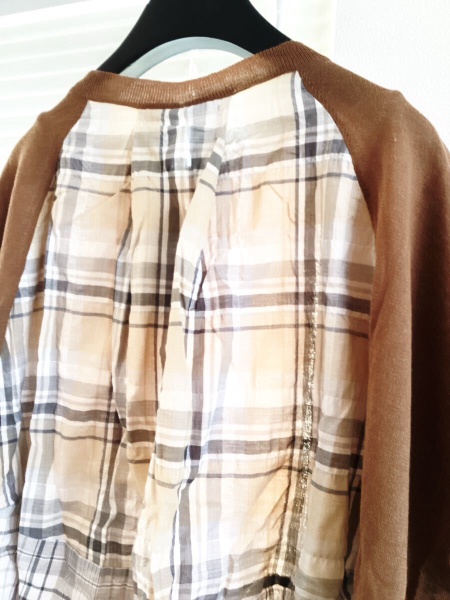 【TANG】タング 綿×麻 背中切り替え ゆったりデザイン ニットカットソー ブラウン チェック柄 定価16500円_画像4