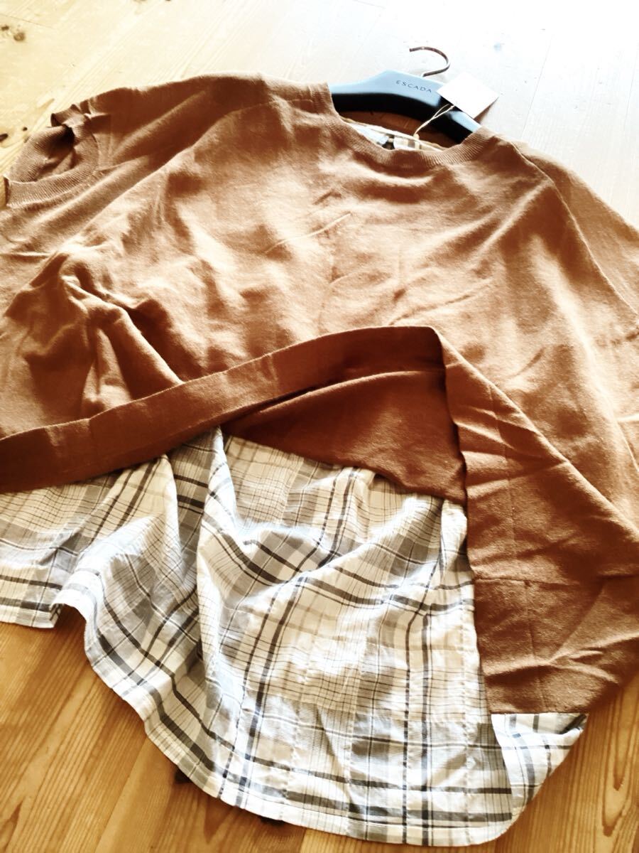 【TANG】タング 綿×麻 背中切り替え ゆったりデザイン ニットカットソー ブラウン チェック柄 定価16500円_画像6
