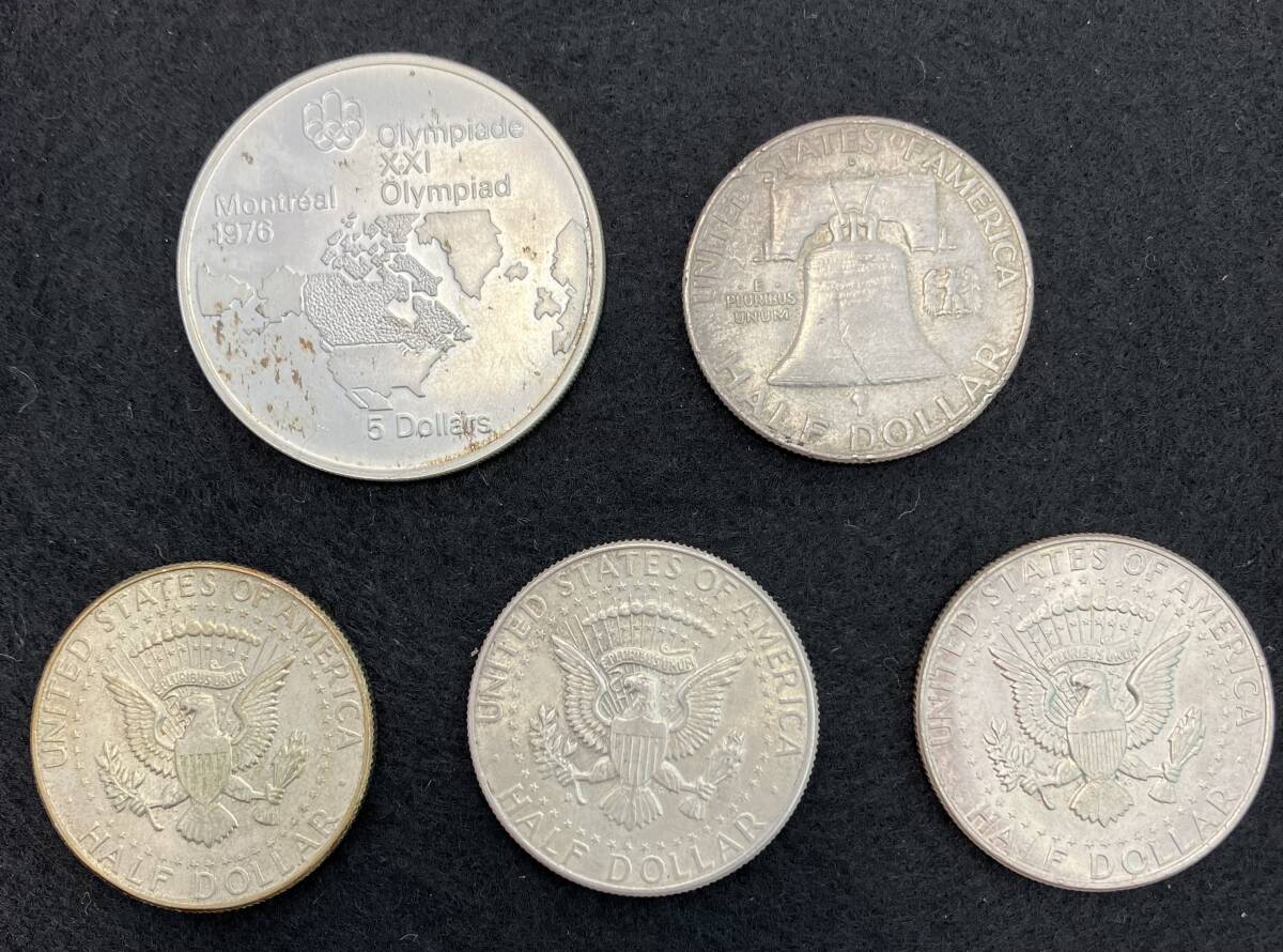 ＃2026A　外国銀貨　外国銭　ケネディ　フランクリン　ハーフダラー銀貨　カナダ　モントリオール　オリンピック　5ドル銀貨　5点　中古品_画像2