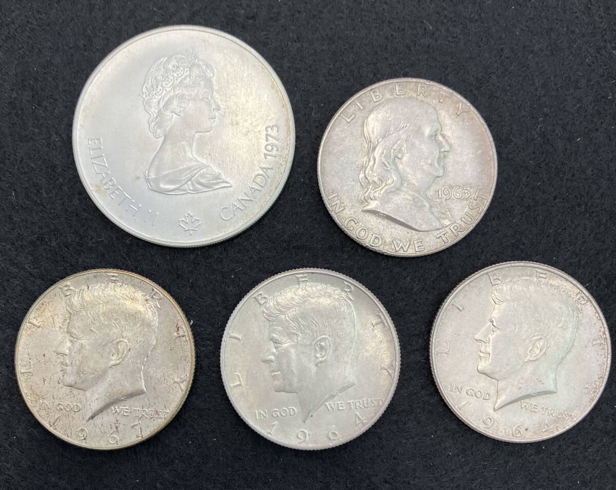 ＃2026A　外国銀貨　外国銭　ケネディ　フランクリン　ハーフダラー銀貨　カナダ　モントリオール　オリンピック　5ドル銀貨　5点　中古品_画像1