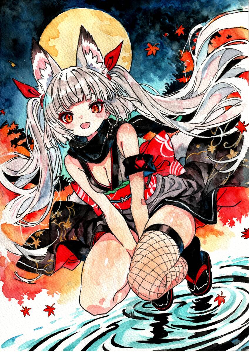  акварельная живопись A4 ручные иллюстрации оригинал симпатичный аналог произведение девочка Paint It Blackkemo ушко (уголок) . кимоно сеть трико 