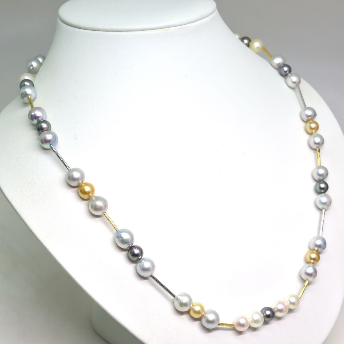 テリ良!!約6.5-8.5mm珠■アコヤ本真珠ネックレス■N 約37.7g 約56.0cm pearl パール jewelry ジュエリー マルチカラー DB0/EA5 U764_画像3