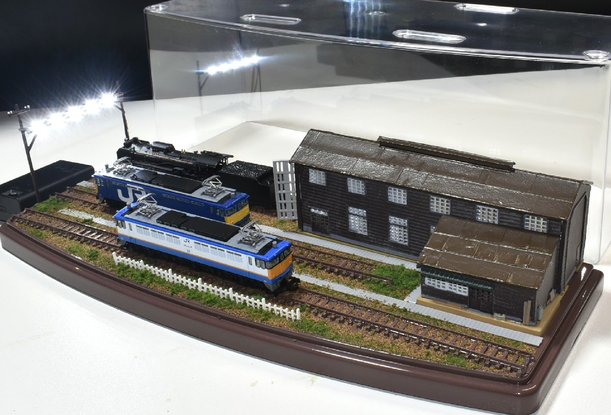 【SAZAN】鉄道ジオラマ展示台ケース付き 木造機関庫&ヤード照明付き3線路(他の商品と同梱不可)※33x12cm★71_画像2