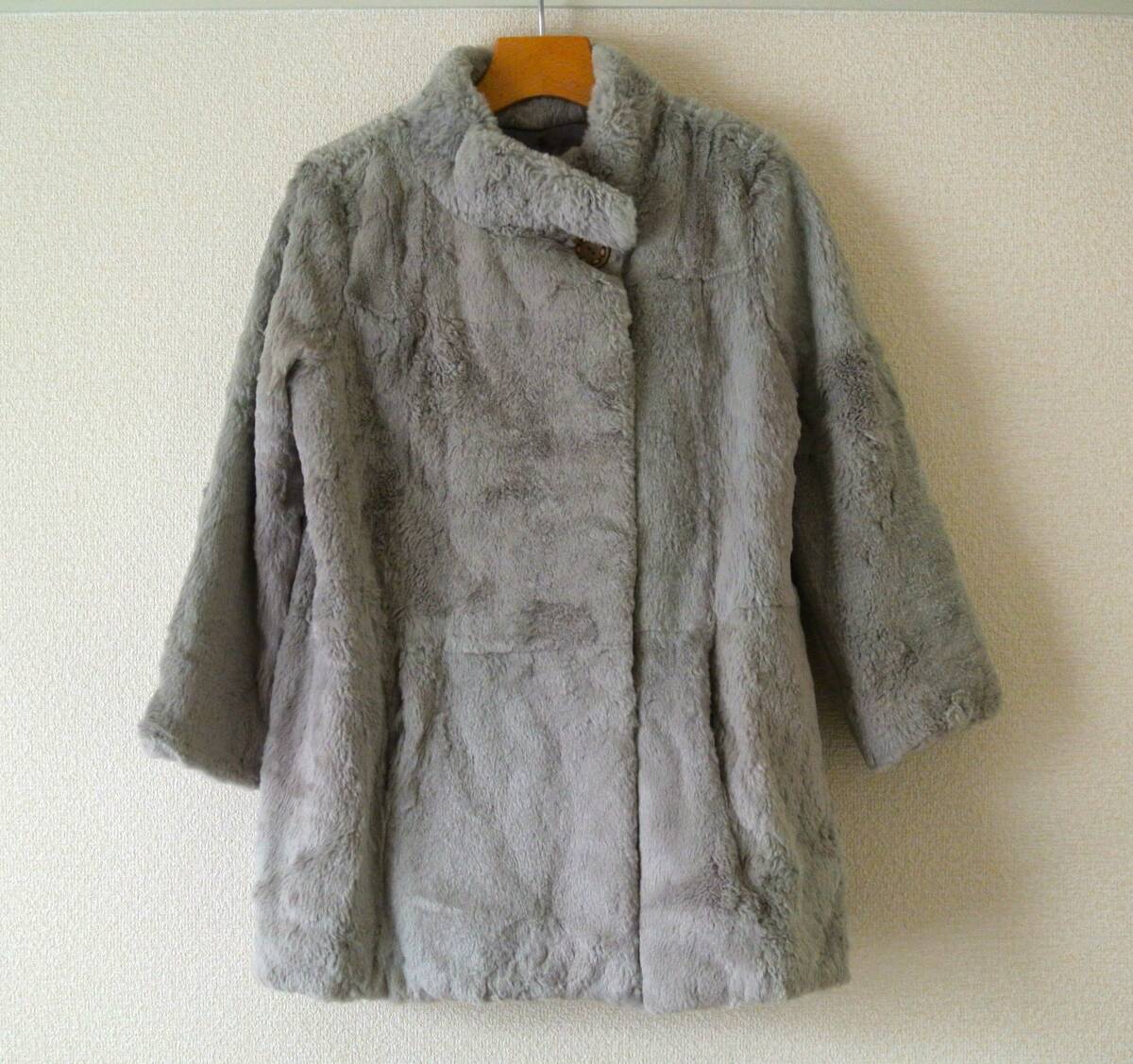 ハリス harriss ラビットファーコート グレー スタンドカラー 36 リアルファー_画像1