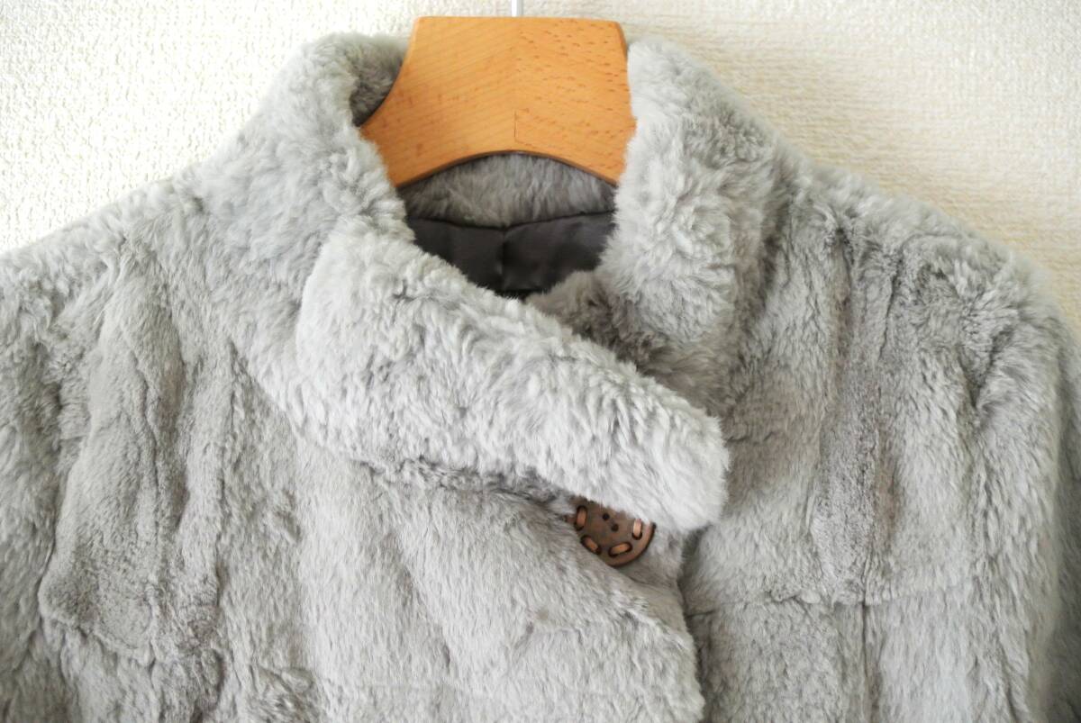 ハリス harriss ラビットファーコート グレー スタンドカラー 36 リアルファー_画像4