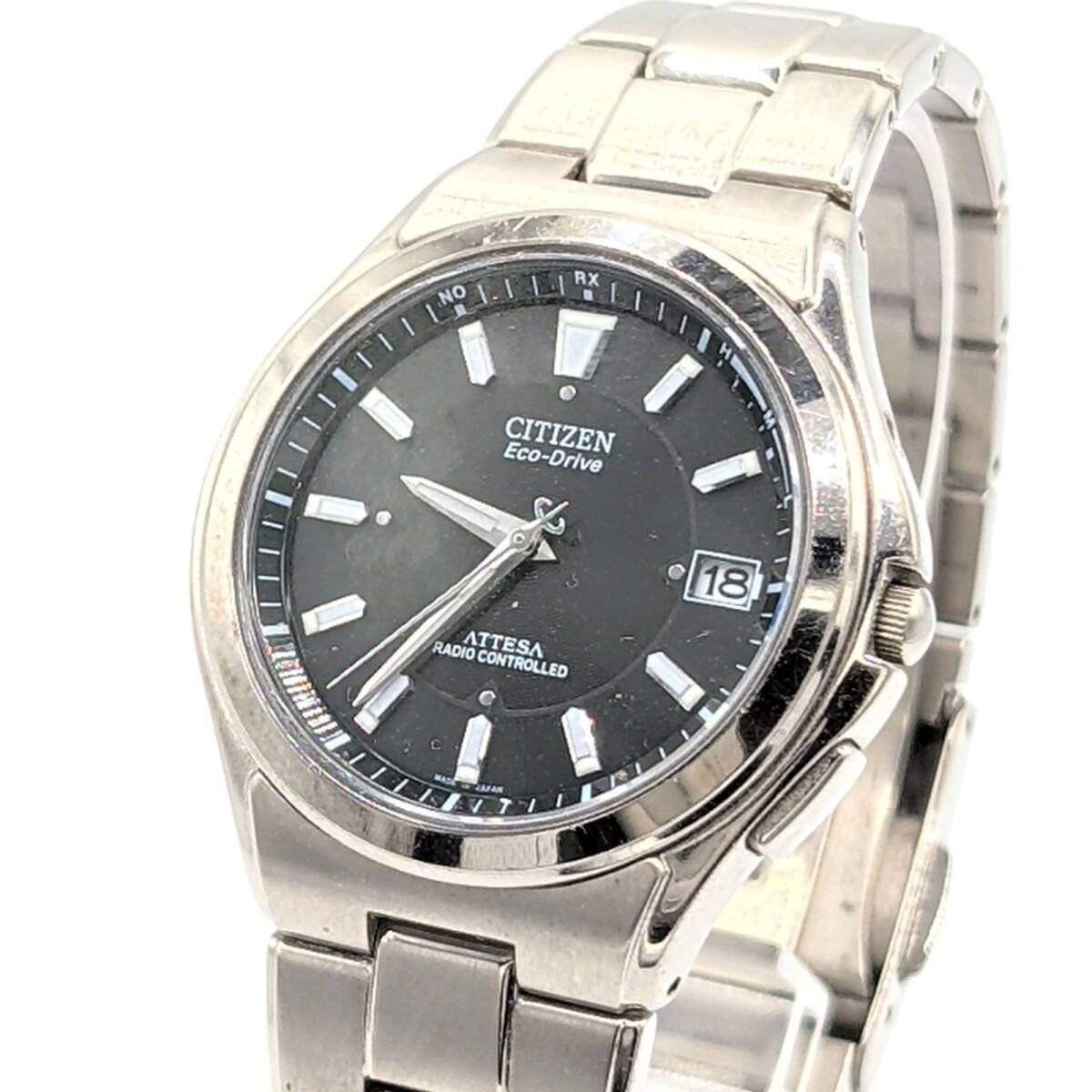 CITIZEN ATTESA H110-T011331 Watch Solar Date シチズン 時計 ソーラー 電波ソーラー メンズ ラウンド シルバー 黒文字盤 デイト 稼働品_画像1