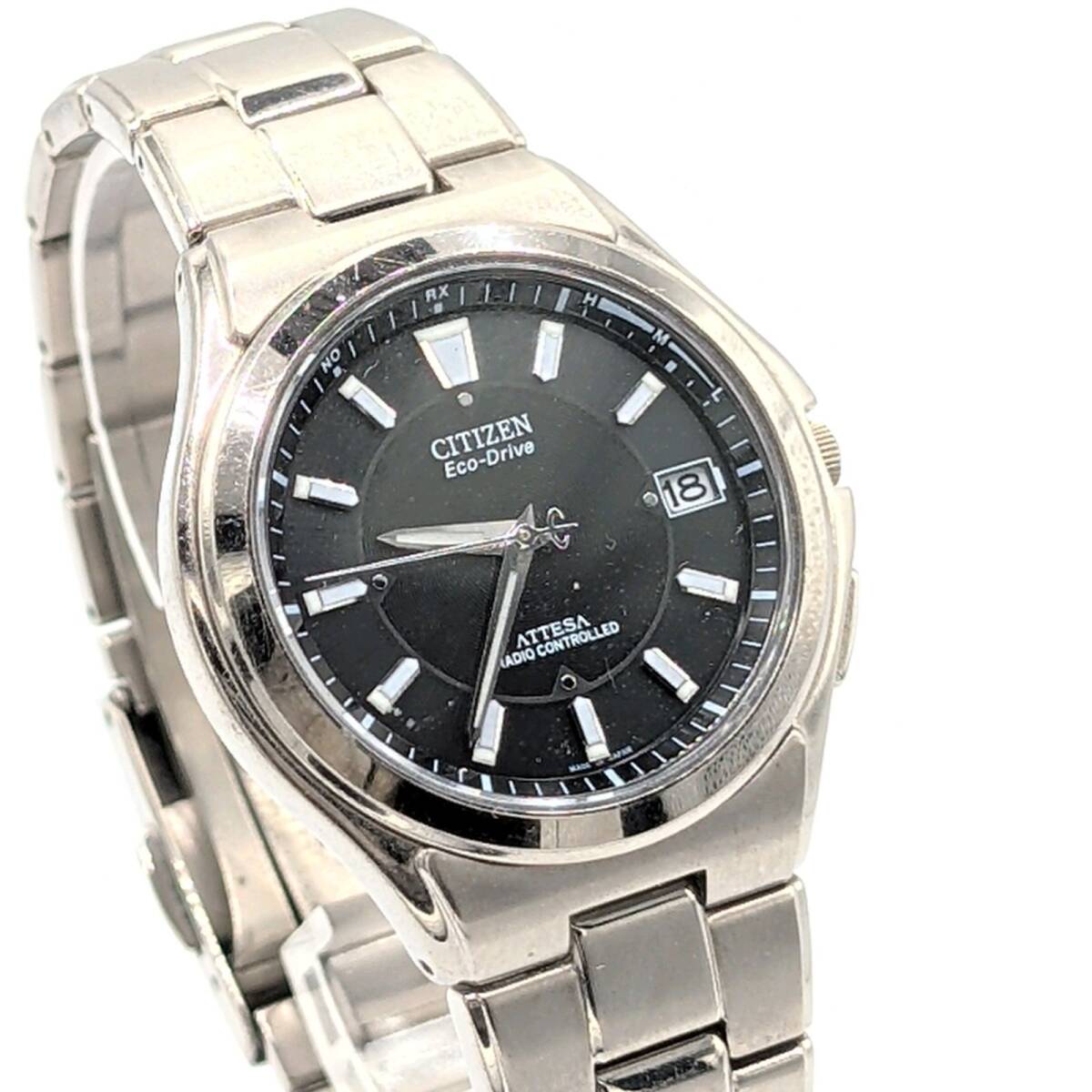 CITIZEN ATTESA H110-T011331 Watch Solar Date シチズン 時計 ソーラー 電波ソーラー メンズ ラウンド シルバー 黒文字盤 デイト 稼働品_画像2