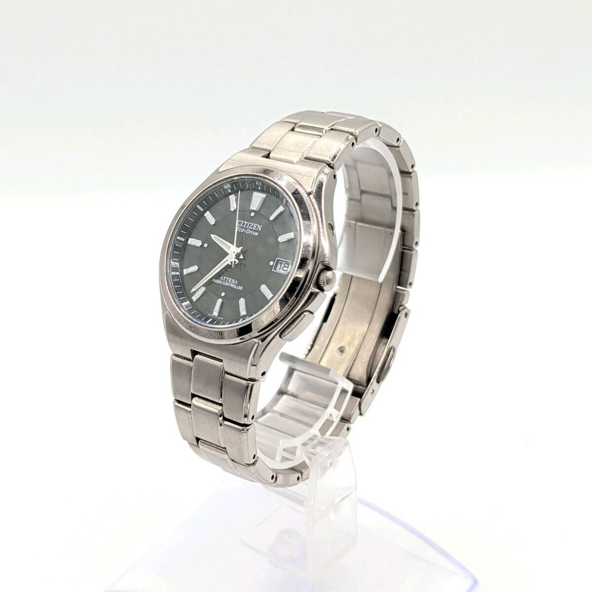 CITIZEN ATTESA H110-T011331 Watch Solar Date シチズン 時計 ソーラー 電波ソーラー メンズ ラウンド シルバー 黒文字盤 デイト 稼働品_画像3