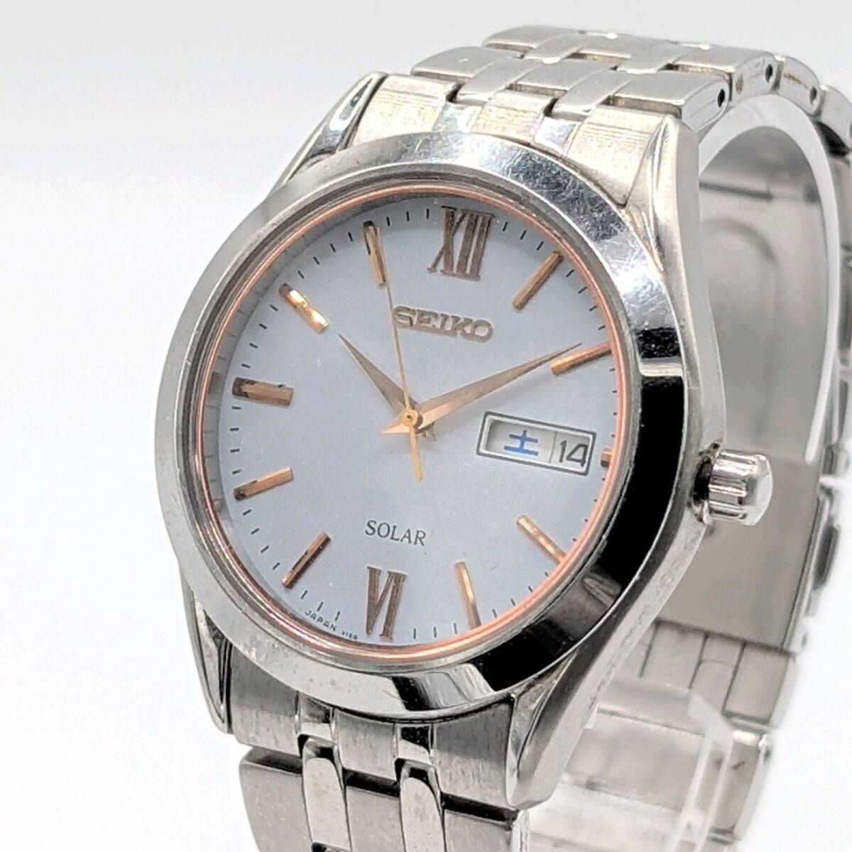 SEIKO V158-0BA0 Watch Men's Solar Round Day-Date セイコー 時計 電波ソーラー ラウンド ゴールド シルバー コンビ デイデイト 稼働品_画像1