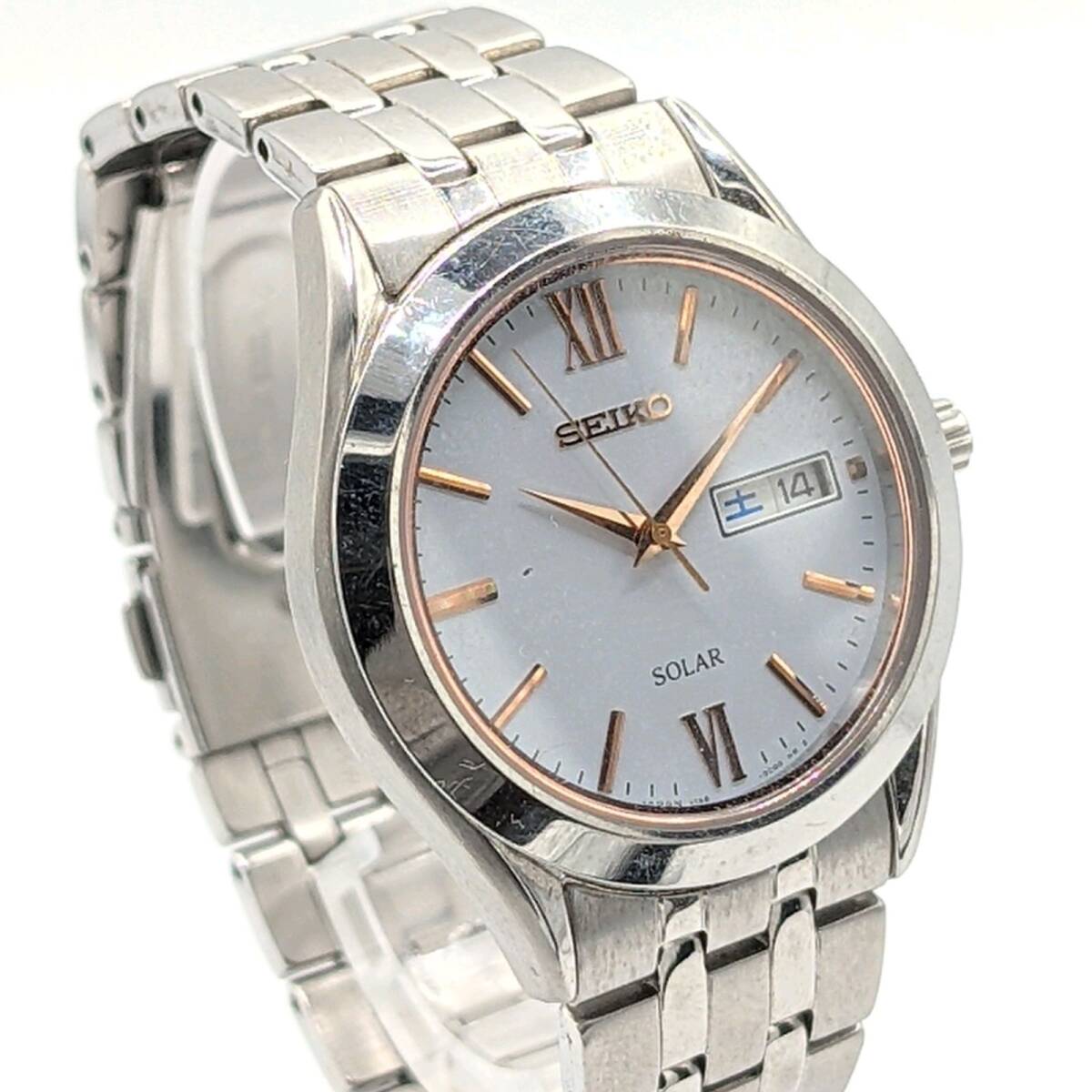 SEIKO V158-0BA0 Watch Men's Solar Round Day-Date セイコー 時計 電波ソーラー ラウンド ゴールド シルバー コンビ デイデイト 稼働品_画像2