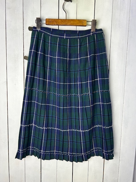 ユーロ古着 80s~90s 英国製 タータンチェック プリーツウールキルトスカート UK16 44 ヴィンテージ 巻き ラップ 濃緑 イギリス製●406_画像2