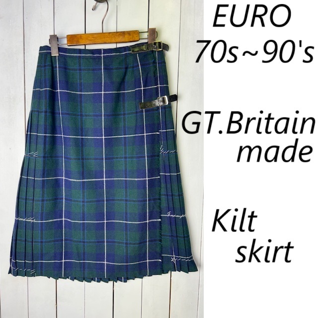 ユーロ古着 80s~90s 英国製 タータンチェック プリーツウールキルトスカート UK16 44 ヴィンテージ 巻き ラップ 濃緑 イギリス製●406_画像1