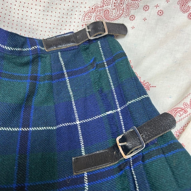 ユーロ古着 80s~90s 英国製 タータンチェック プリーツウールキルトスカート UK16 44 ヴィンテージ 巻き ラップ 濃緑 イギリス製●406_画像3