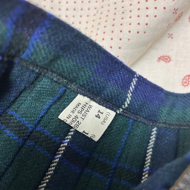 ユーロ古着 80s~90s 英国製 タータンチェック プリーツウールキルトスカート UK16 44 ヴィンテージ 巻き ラップ 濃緑 イギリス製●406_画像7
