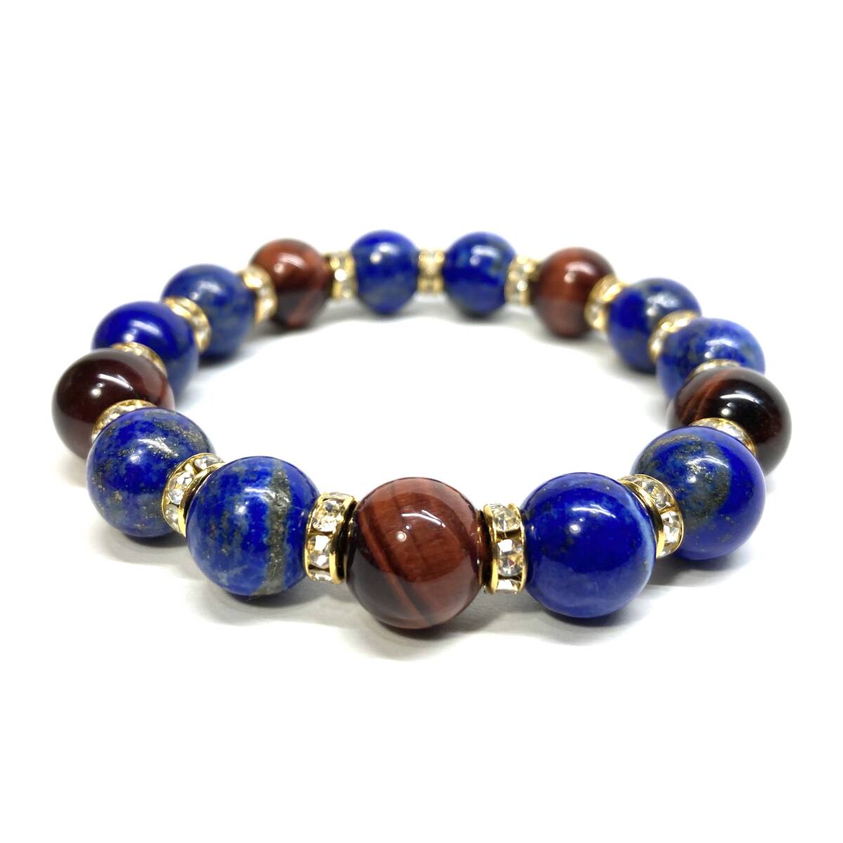 ラピスラズリ&レッドタイガーアイ パワーストーン ブレスレット 天然石ブレス (ゴールド) 12mm 幸運 開運 メンズ 男性♪_画像2