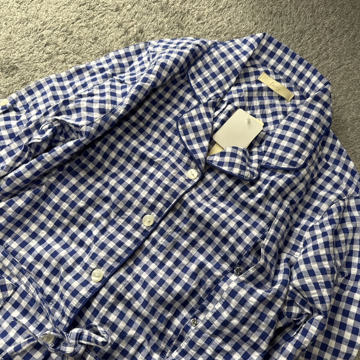 マタニティウェア・授乳服 半袖 さらっと快適 綿100% チェックロングシャツパジャマ青M-L ゆうパケット配送可能 新品 未使用 11_画像3