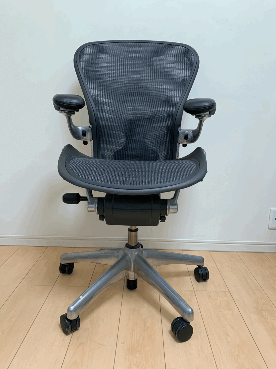 Herman Miller アーロンチェア グラファイト ポリッシュドアルミニウム 本革アーム フル装備 Bサイズ １オーナー 中古美品_画像1