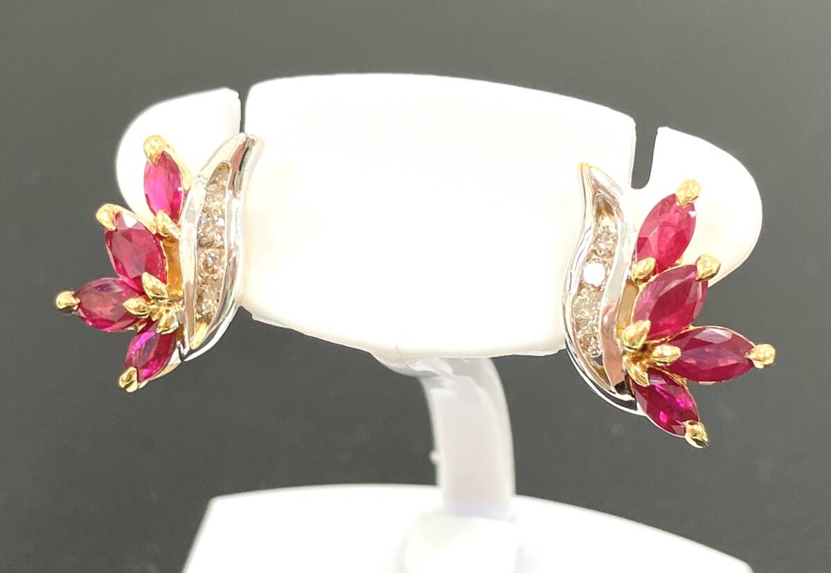【ソーティング付き】K18 総重量約2.3g ピアス 天然ルビー 0.45ct ダイヤ0.04ct 石付き イエローゴールド レディース_画像1