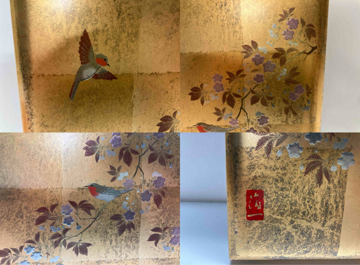 箔一 花見鳥 手元箱 B5金泊 合成漆器 箱あり ※箱に汚れあり_画像6