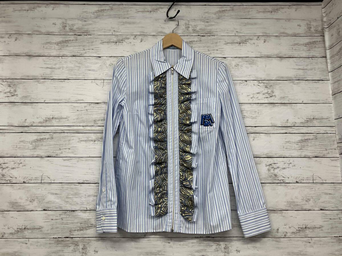 PRADA Prada рубашка с длинным рукавом P495C S191 1TD9| полоса | оборка | голубой × белый 