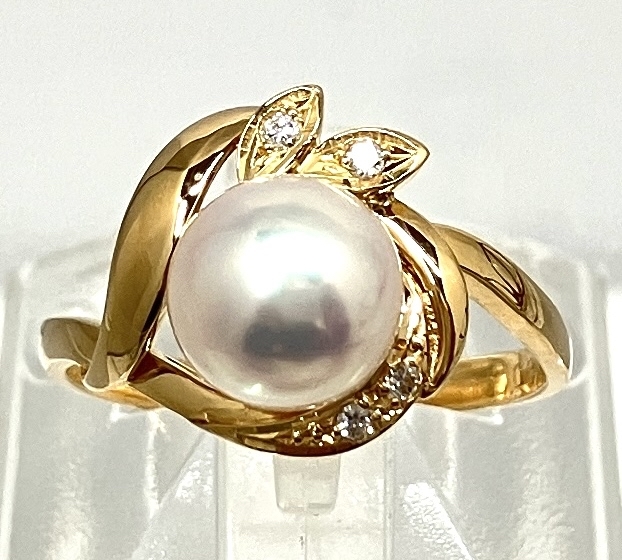 【新品仕上げ済/ソーティング付】 K18 真珠 天然ダイヤモンド 0.03ct リング 約10号 2.9g_画像2