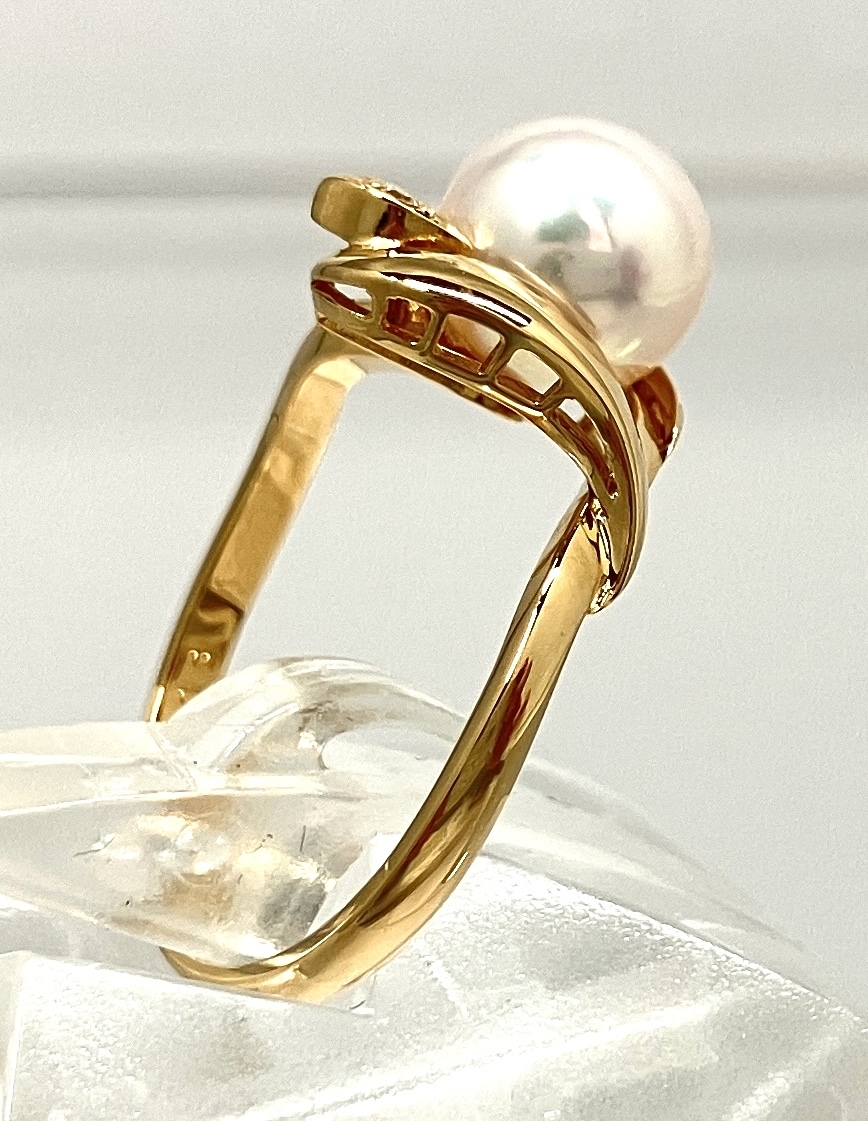 【新品仕上げ済/ソーティング付】 K18 真珠 天然ダイヤモンド 0.03ct リング 約10号 2.9g_画像3