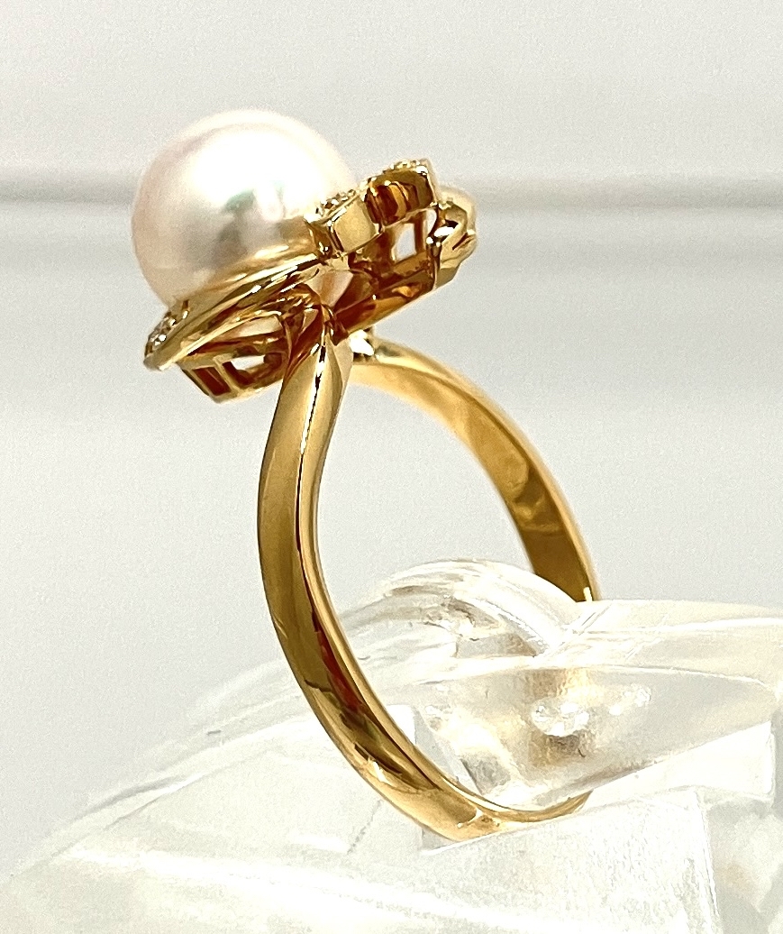 【新品仕上げ済/ソーティング付】 K18 真珠 天然ダイヤモンド 0.03ct リング 約10号 2.9g_画像4