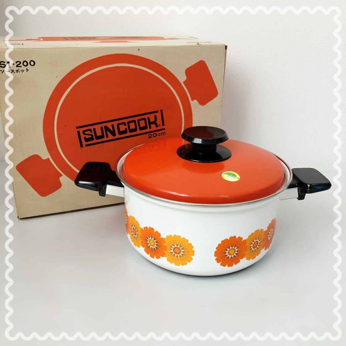 TA# не использовался retro SUNCOOK солнечный Cook сигнал low so- спот кастрюля с двумя ручками в коробке orange цветочный принт эмаль ....20cm кухонная утварь кастрюля Showa Retro 