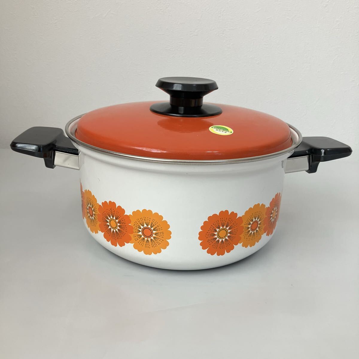 TA# не использовался retro SUNCOOK солнечный Cook сигнал low so- спот кастрюля с двумя ручками в коробке orange цветочный принт эмаль ....20cm кухонная утварь кастрюля Showa Retro 