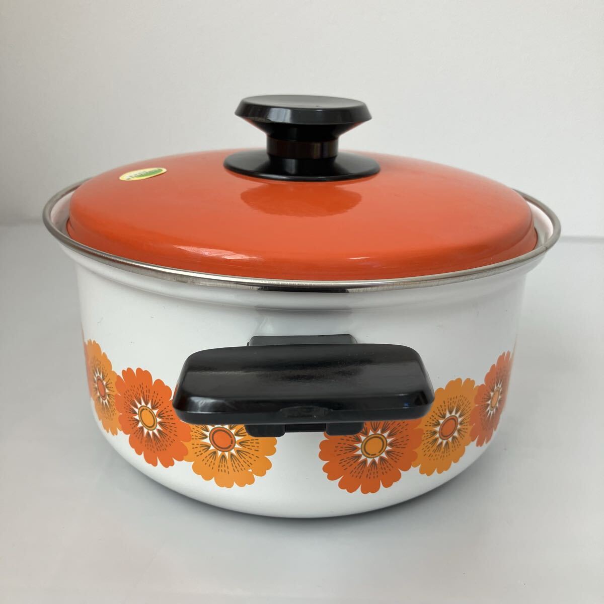 TA# не использовался retro SUNCOOK солнечный Cook сигнал low so- спот кастрюля с двумя ручками в коробке orange цветочный принт эмаль ....20cm кухонная утварь кастрюля Showa Retro 