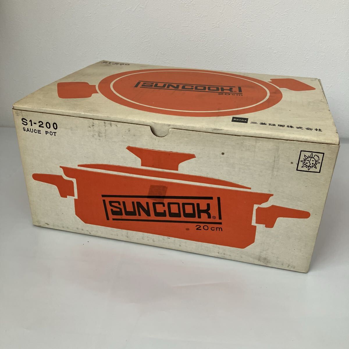 TA# не использовался retro SUNCOOK солнечный Cook сигнал low so- спот кастрюля с двумя ручками в коробке orange цветочный принт эмаль ....20cm кухонная утварь кастрюля Showa Retro 