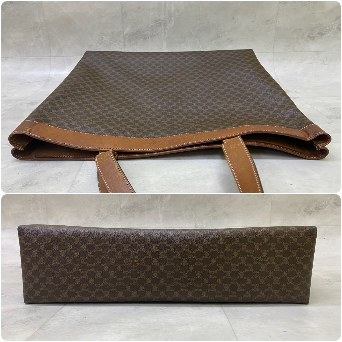 SU■ CELINE セリーヌ トートバッグ 茶 ブラウン系 マカダム柄 総柄 PVC レザー 大容量 ショルダーバッグ 肩掛け かばん レディース 中古品_画像5