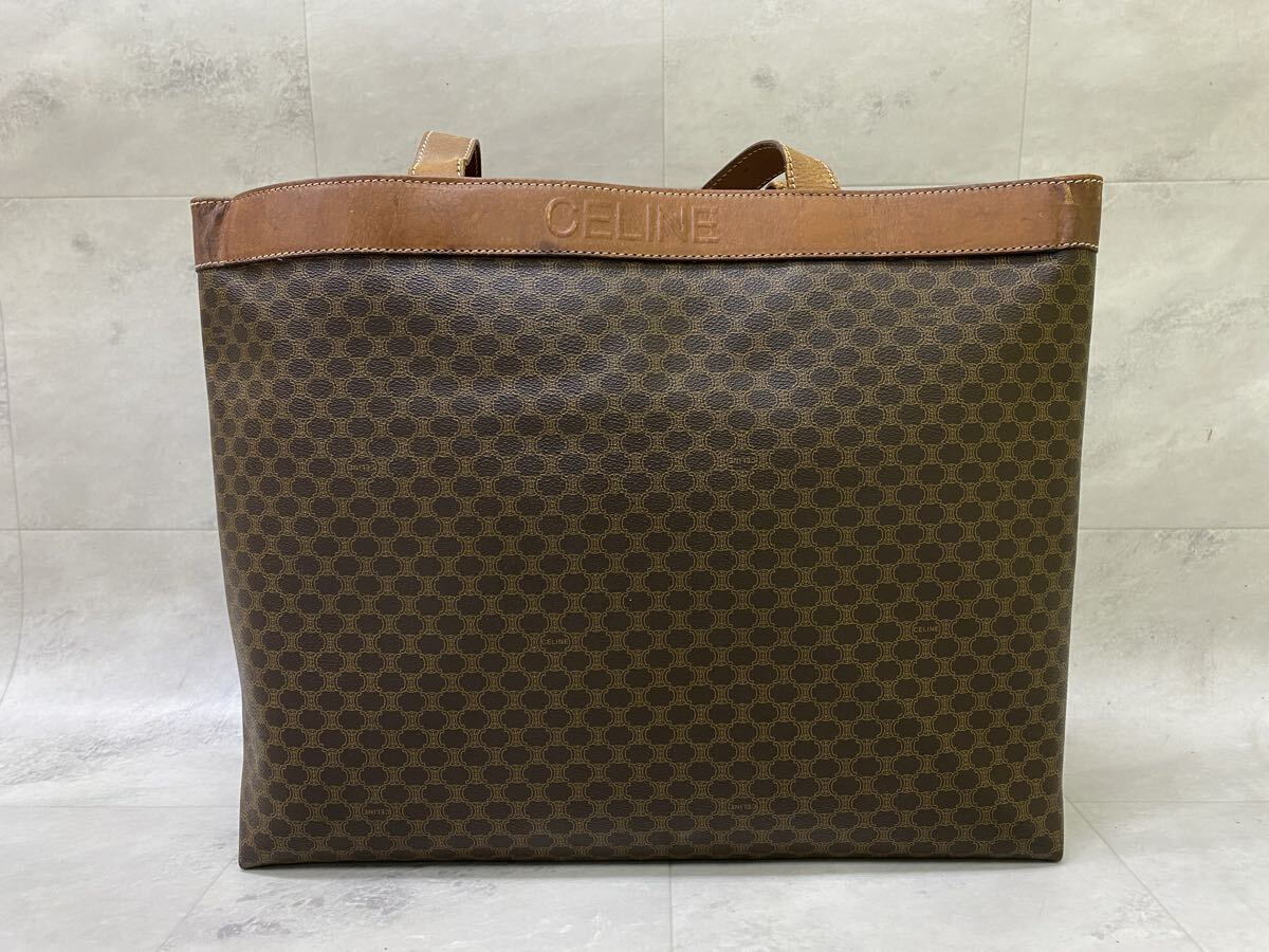 SU■ CELINE セリーヌ トートバッグ 茶 ブラウン系 マカダム柄 総柄 PVC レザー 大容量 ショルダーバッグ 肩掛け かばん レディース 中古品_画像2