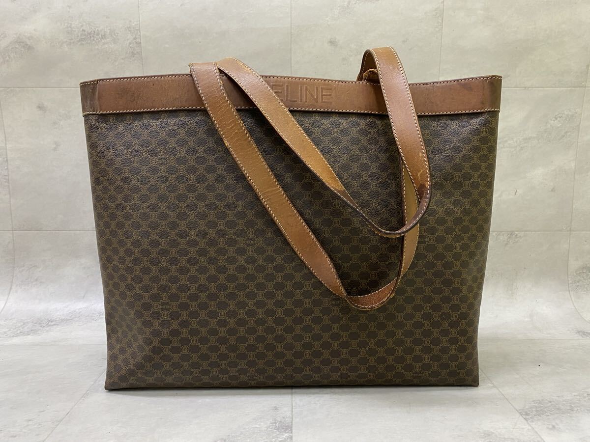 SU■ CELINE セリーヌ トートバッグ 茶 ブラウン系 マカダム柄 総柄 PVC レザー 大容量 ショルダーバッグ 肩掛け かばん レディース 中古品_画像4
