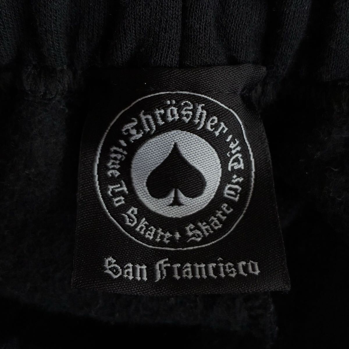 90s THRASHER SKATE AND DESTROY USA製 スラッシャー スケートアンドデストロイ スウェットパンツ サイドプリント S オールドスケート 黒_画像9