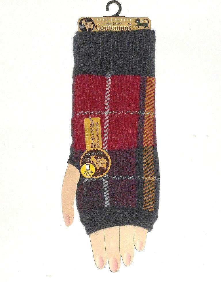 未使用品★カシミア混 チェック柄 ハンドウォーマー/ アームウォーマー ＊指なし手袋★フリーサイズ★パソコンやスマホ操作も快適_画像1
