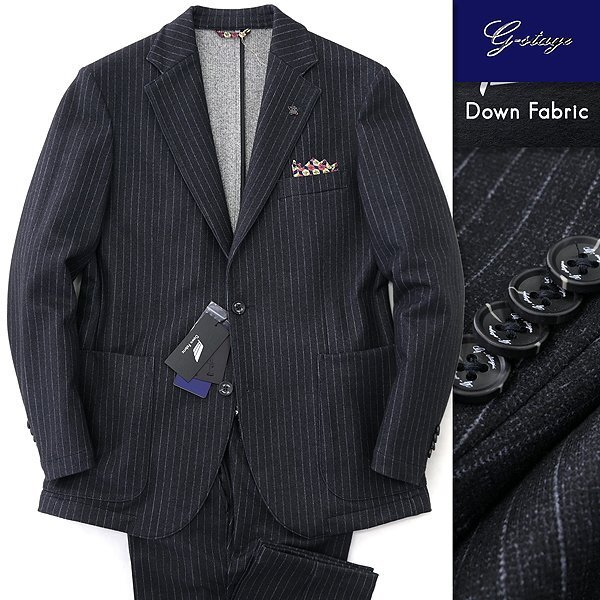新品 6万 ジーステージ DOWN FABRIC 起毛 ストライプ ジャージー スーツ 48(L) 濃灰 【J54549】 秋冬 ダウン サキソニー セットアップ_画像1