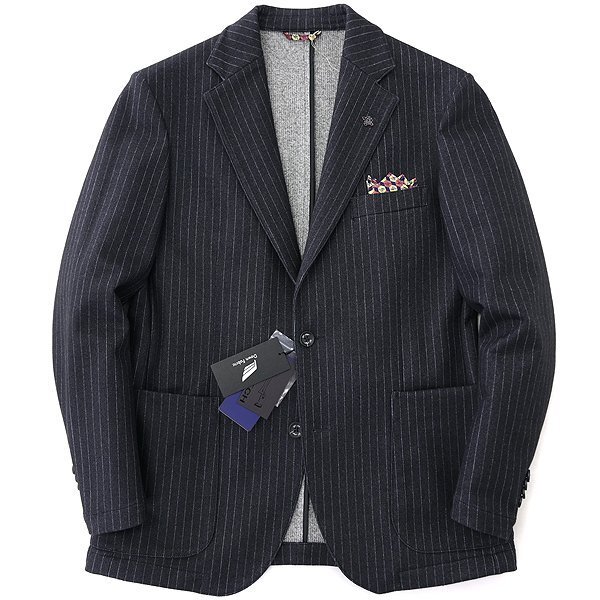 新品 6万 ジーステージ DOWN FABRIC 起毛 ストライプ ジャージー スーツ 48(L) 濃灰 【J54549】 秋冬 ダウン サキソニー セットアップ_画像2