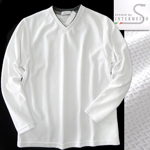 新品 インターメッツォ ハニカムメッシュ Vネック カットソー L 白 【I42464】 STUDIO by INTERMEZZO メンズ Tシャツ ロンT_画像1