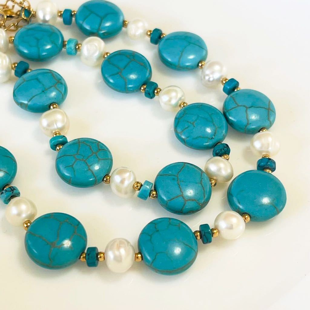 ターコイズ×本真珠ネックレス 12mm 38+5cm 天然パールネックレス jewelry Pearl_画像4