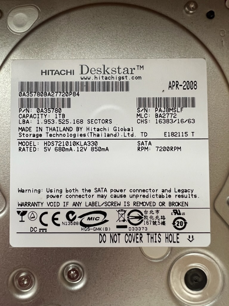 不良返金保証　HITACHI Deskstar HDS721010KLA330 1TB SATA 3.5インチ (LK163)_画像2