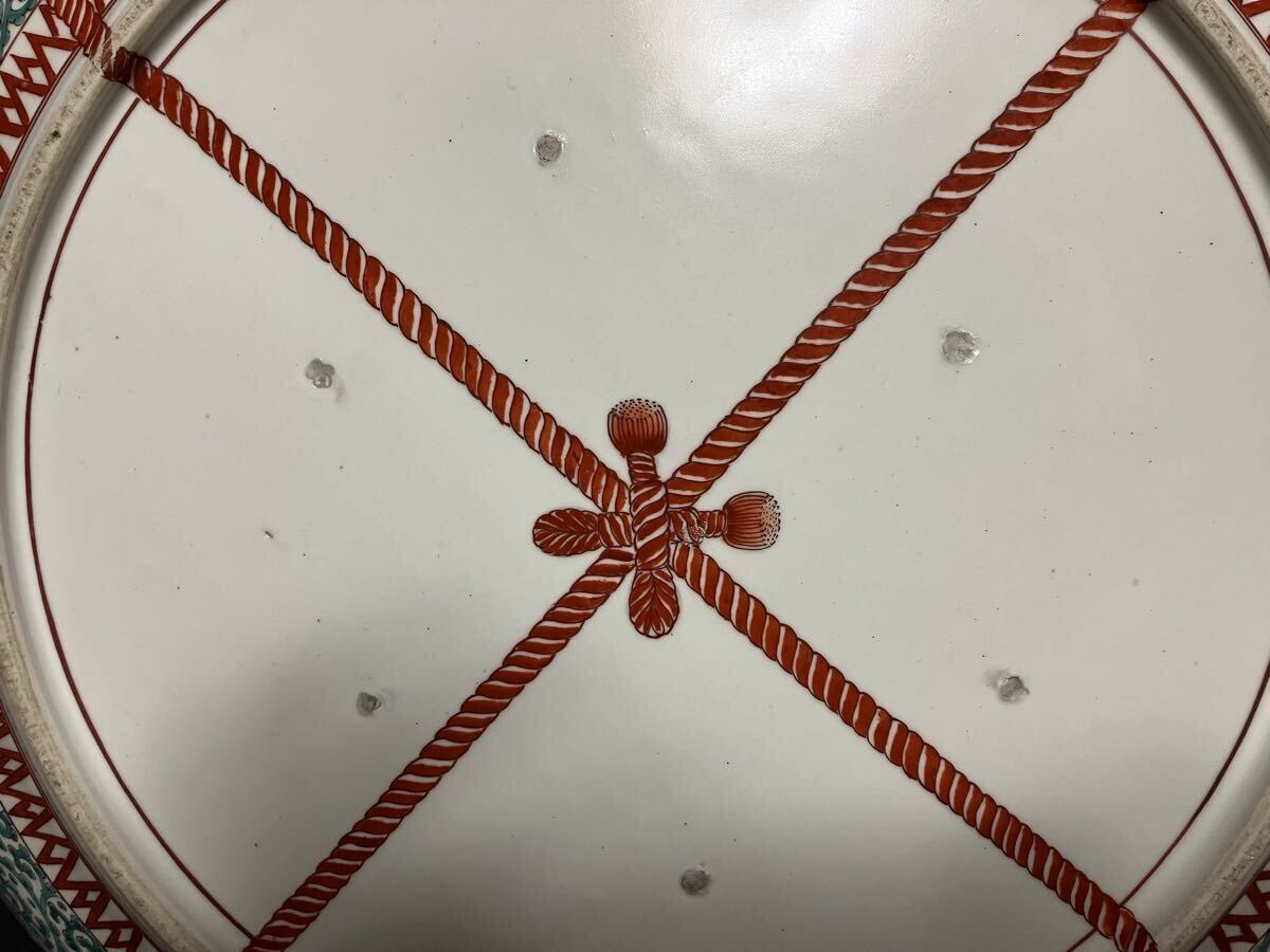 大珍品　江戸期　古伊万里色絵　柿右衛門様式　色絵綱割唐草犬兎菊花蝶文特大飾皿　大皿57cm 古美術品_画像8