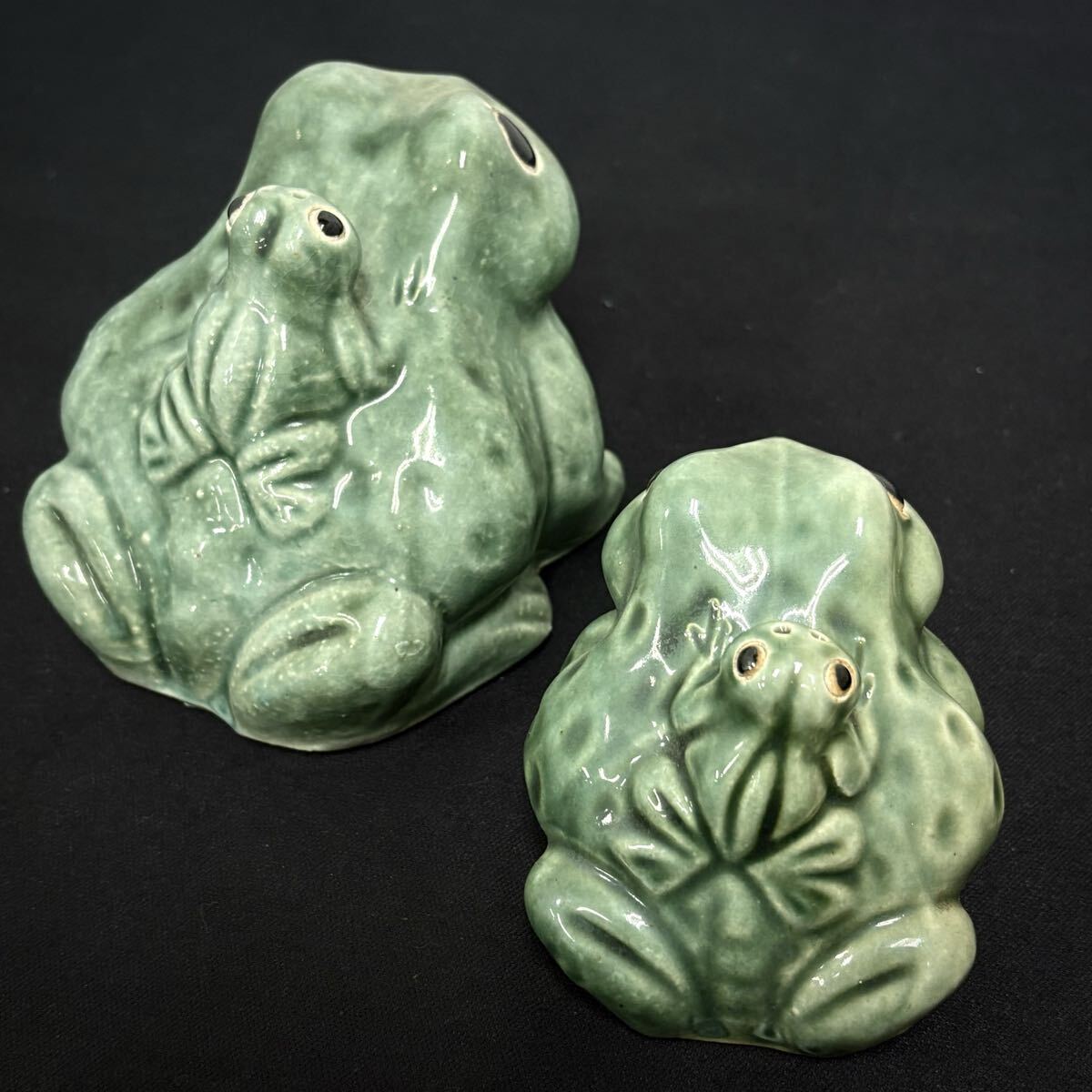 信楽焼 縁起物 3点セット 梟 親子蛙 陶器製 置物 フクロウ カエル インテリア レトロ (11067T_画像7