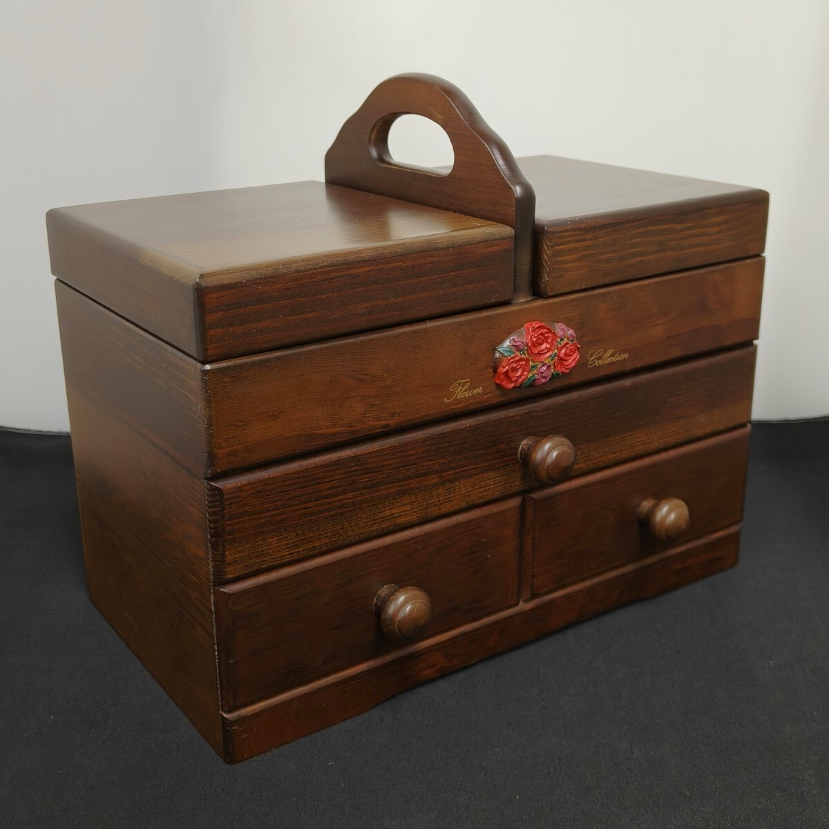 木製 裁縫箱 ソーイングBOX 裁縫箱 引き出し付き 花のモチーフ 薔薇 小物入れ 昭和レトロ 小引き出し レトロ (11137H_画像1