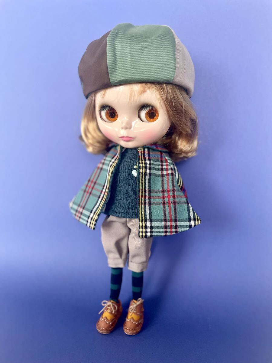 グリーン系 タータンチェックポンチョコートトラッドスタイル ウイングチップシューズセット_画像1